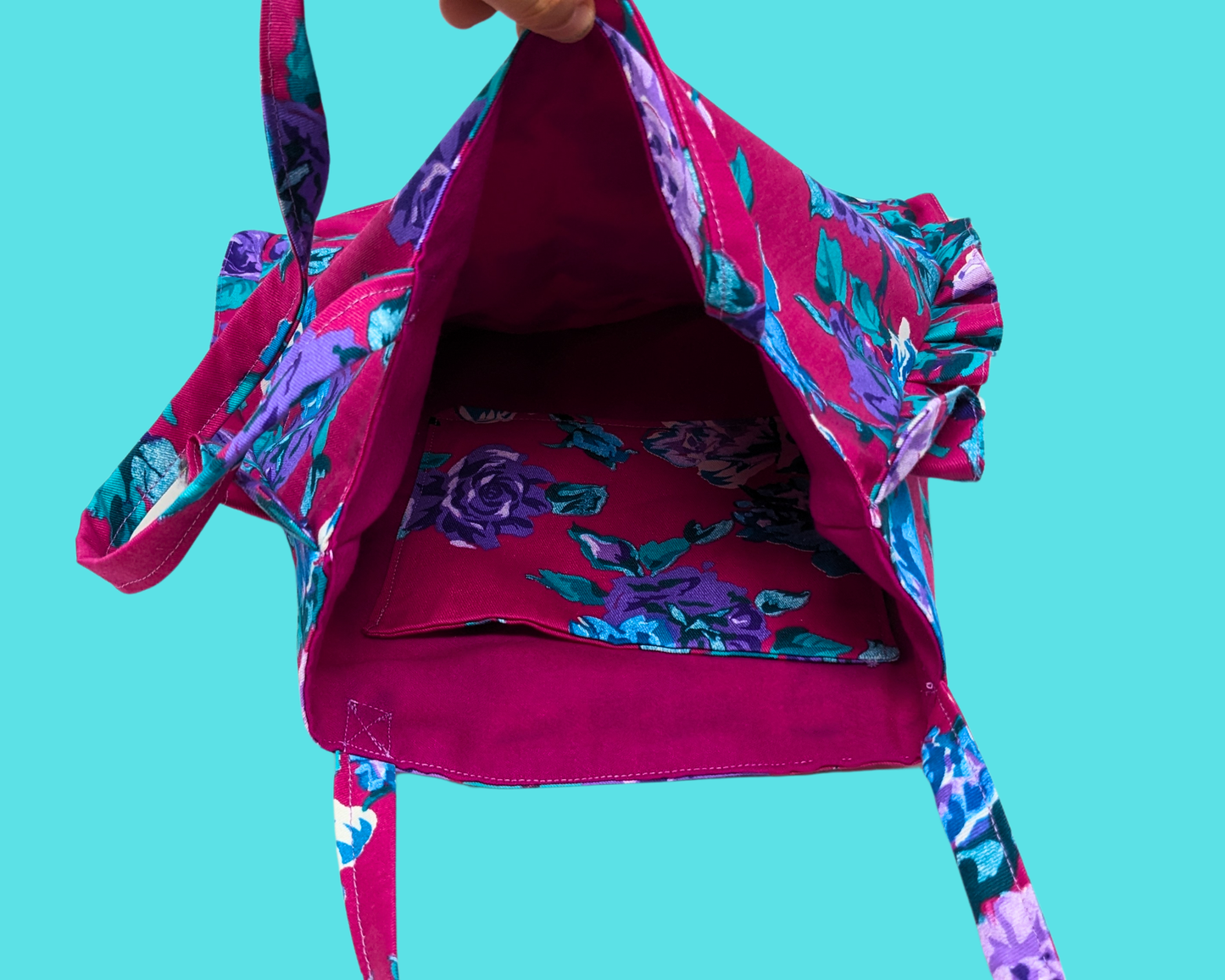 Sac fourre-tout en tissu fleuri rose fait main et recyclé