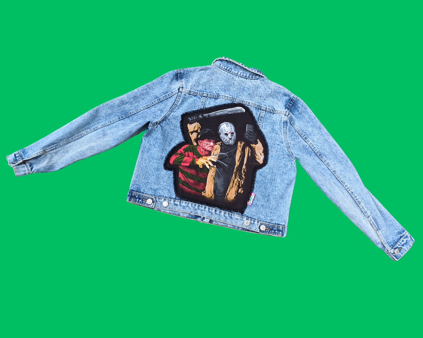 Handmade, Upcycled Jason and Freddy Taking a Selfie Denim Jacket Size L