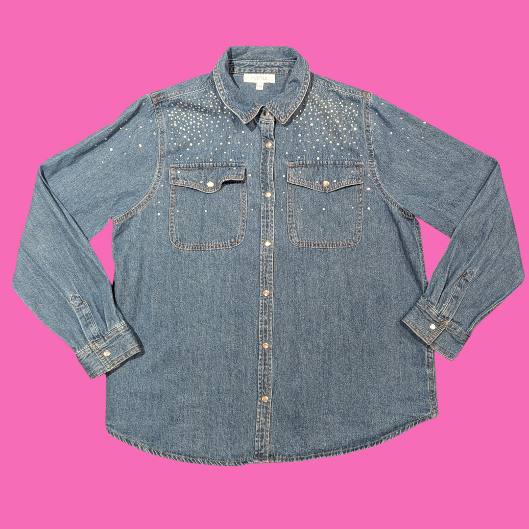 TAYLOR SWIFT BLUE DENIM BUTTON DOWN SHIRT SIZE L