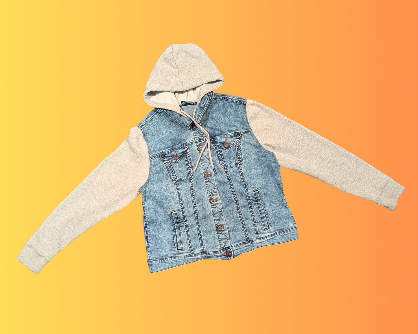 Handmade, Upcycled Sponge-Bob Square Pants Denim Jacket with Hoodie Size L