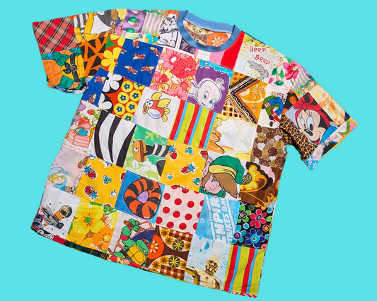 Handmade, Upcycled Patchwork T-Shirt Oversized XL, Fitted 2XL