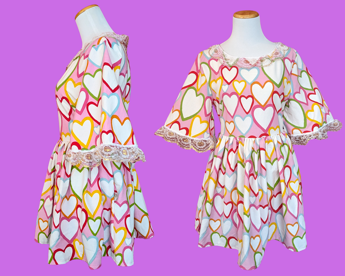 Handmade, Upcycled Rainbow Hearts Bedsheet Dress Fits Size S