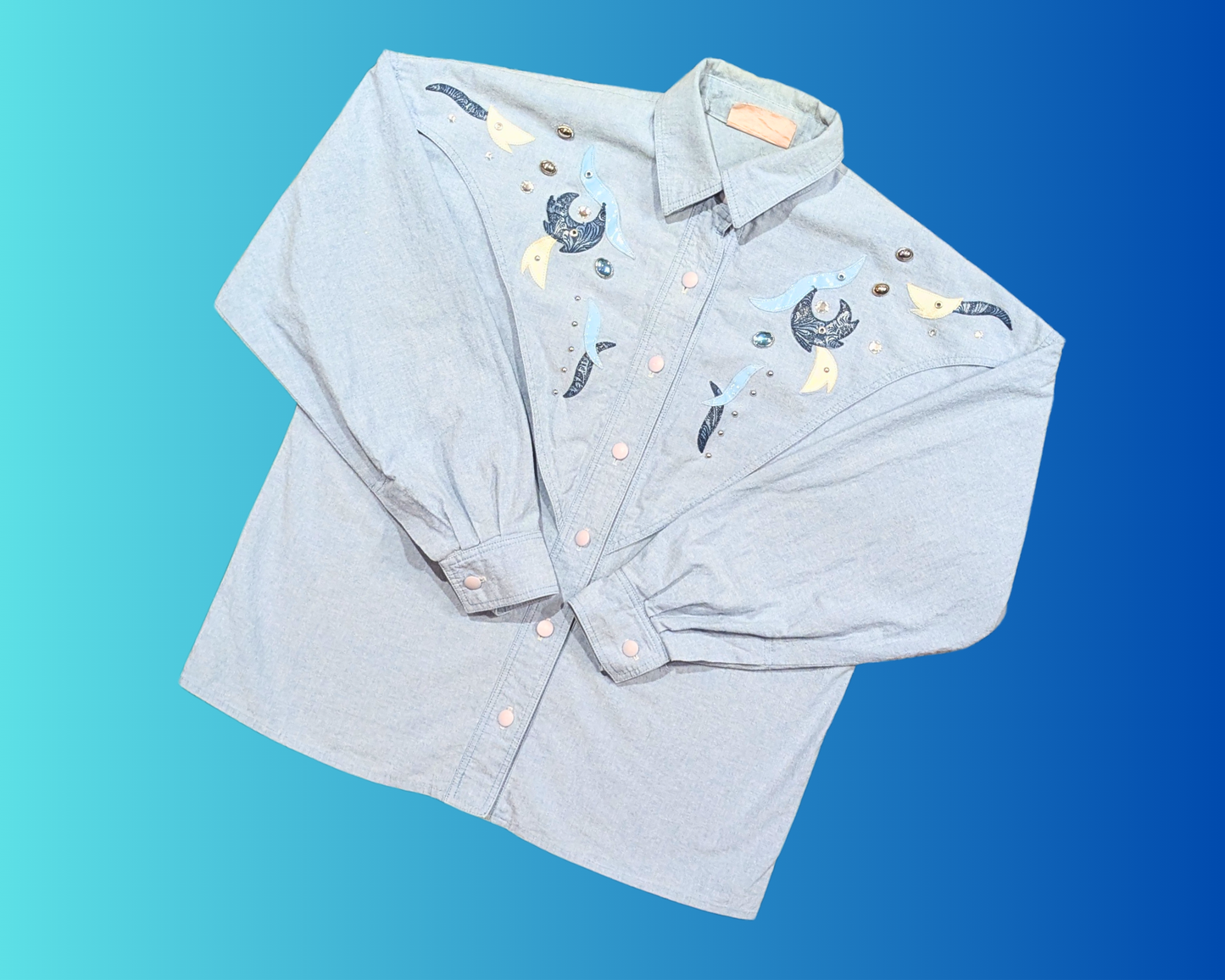 Vintage 1990's Denim Button Down Shirt with Beads Size M