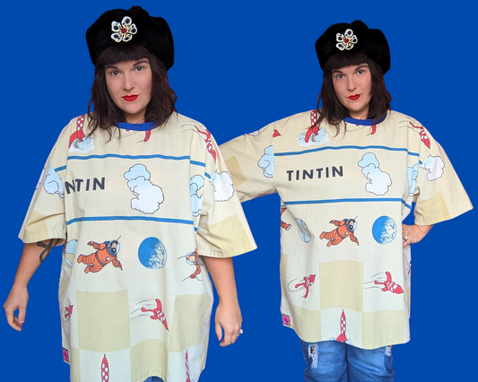 T-shirt drap de lit Tintin fait main et recyclé, taille XL
