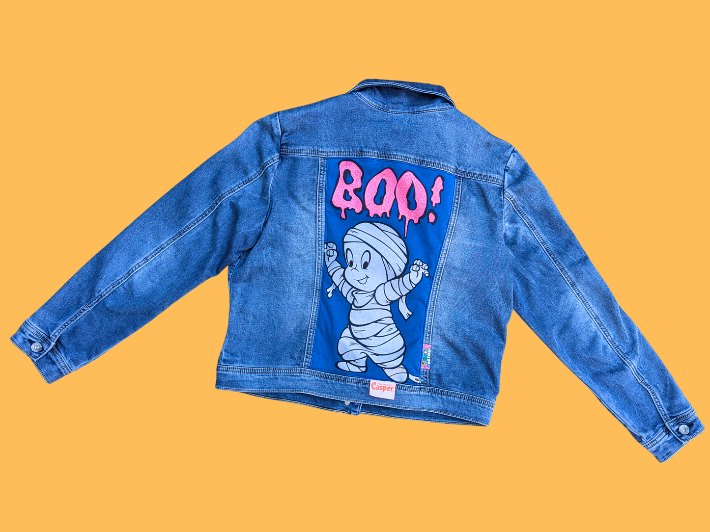 Handmade, Upcycled Casper The Friendly Ghost Denim Jacket Size L