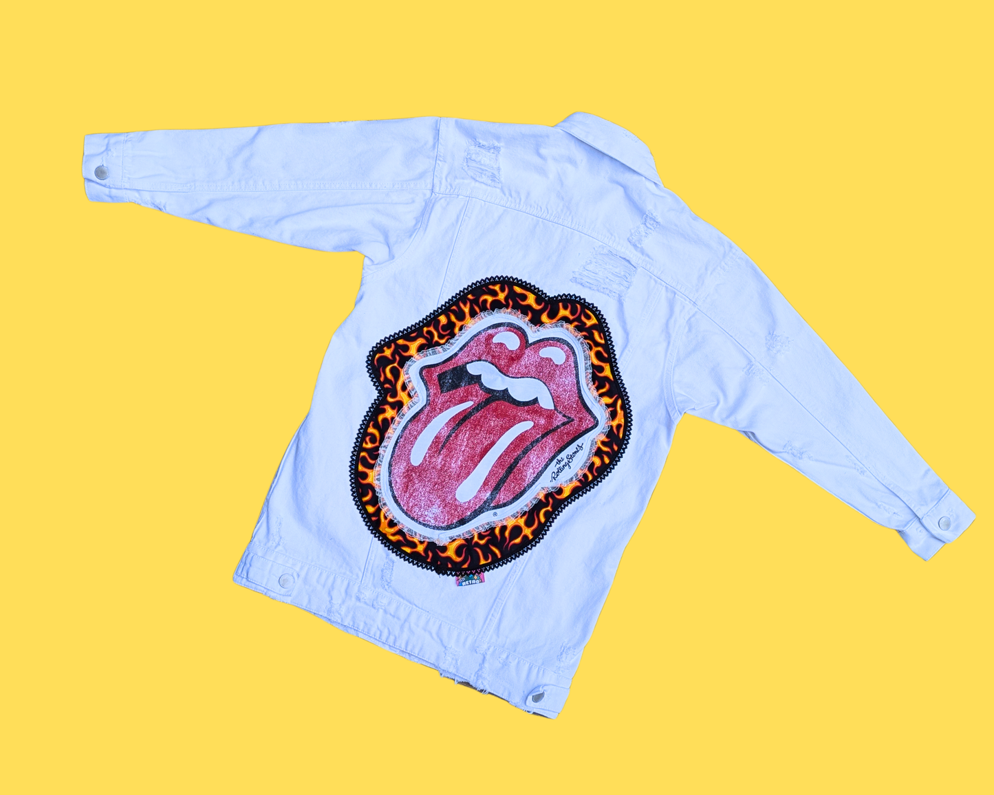 Handmade, Upcycled The Rolling Stones White Denim Jacket Size S