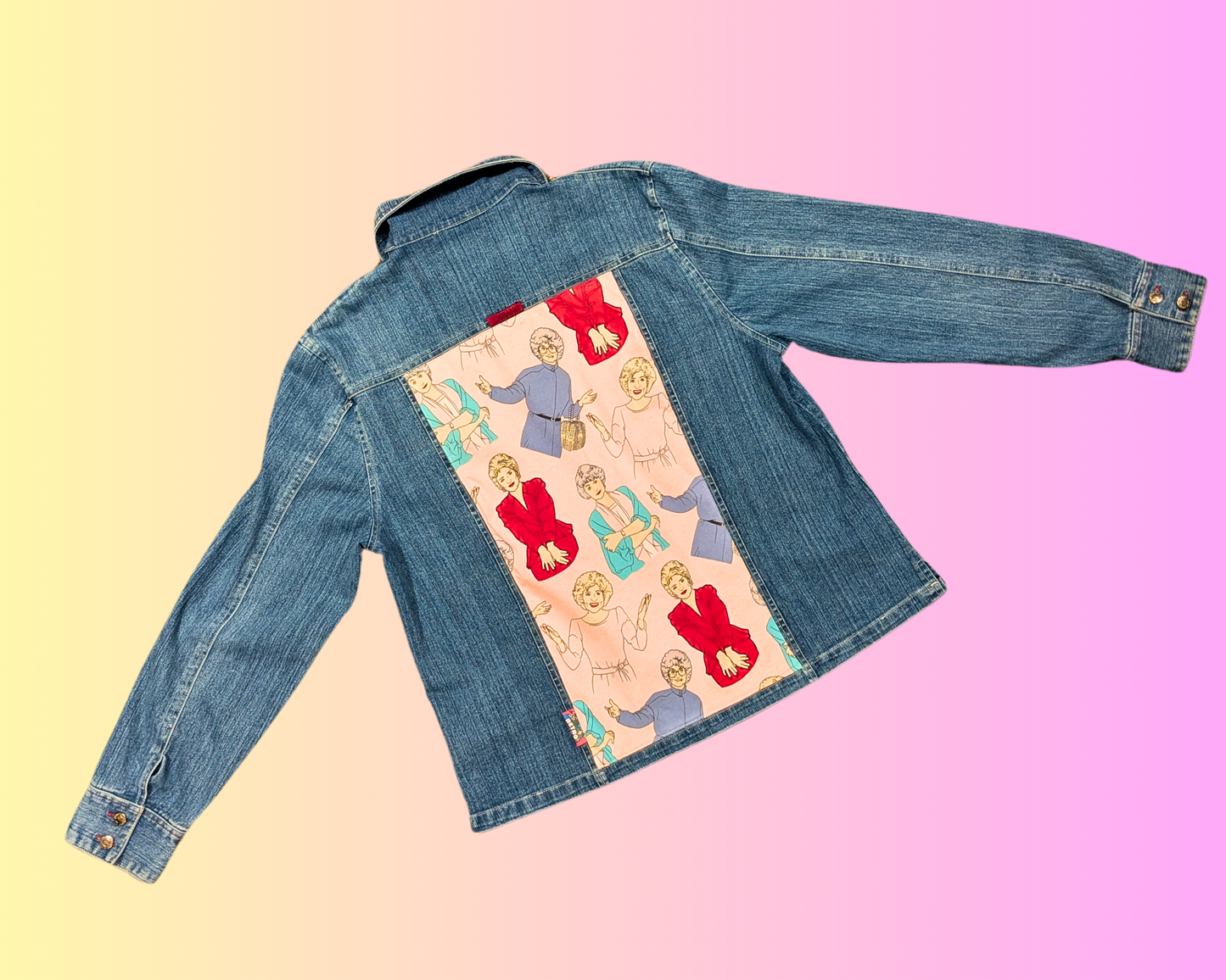 Veste en jean extensible The Golden Girls, fabriquée à la main et recyclée, taille ML