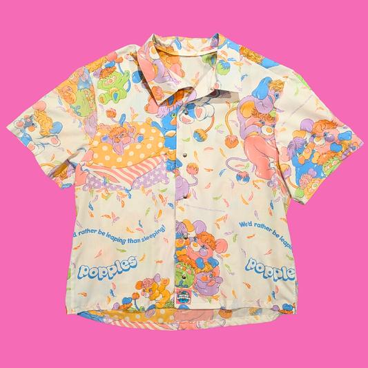 Handmade, Upcycled Vintage Popples Bed Sheet Short Sleeve Button Down T-Shirt L