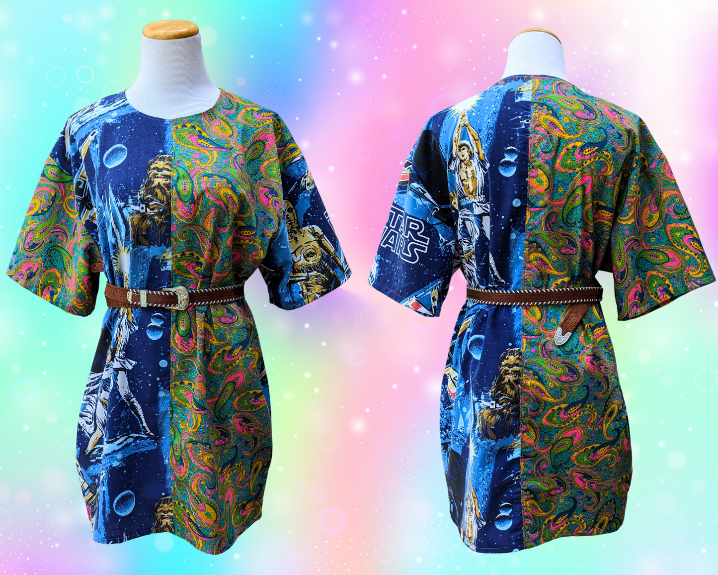 Drap de lit Star Wars fait main et recyclé + robe t-shirt en tissu groovy des années 1960, taille S