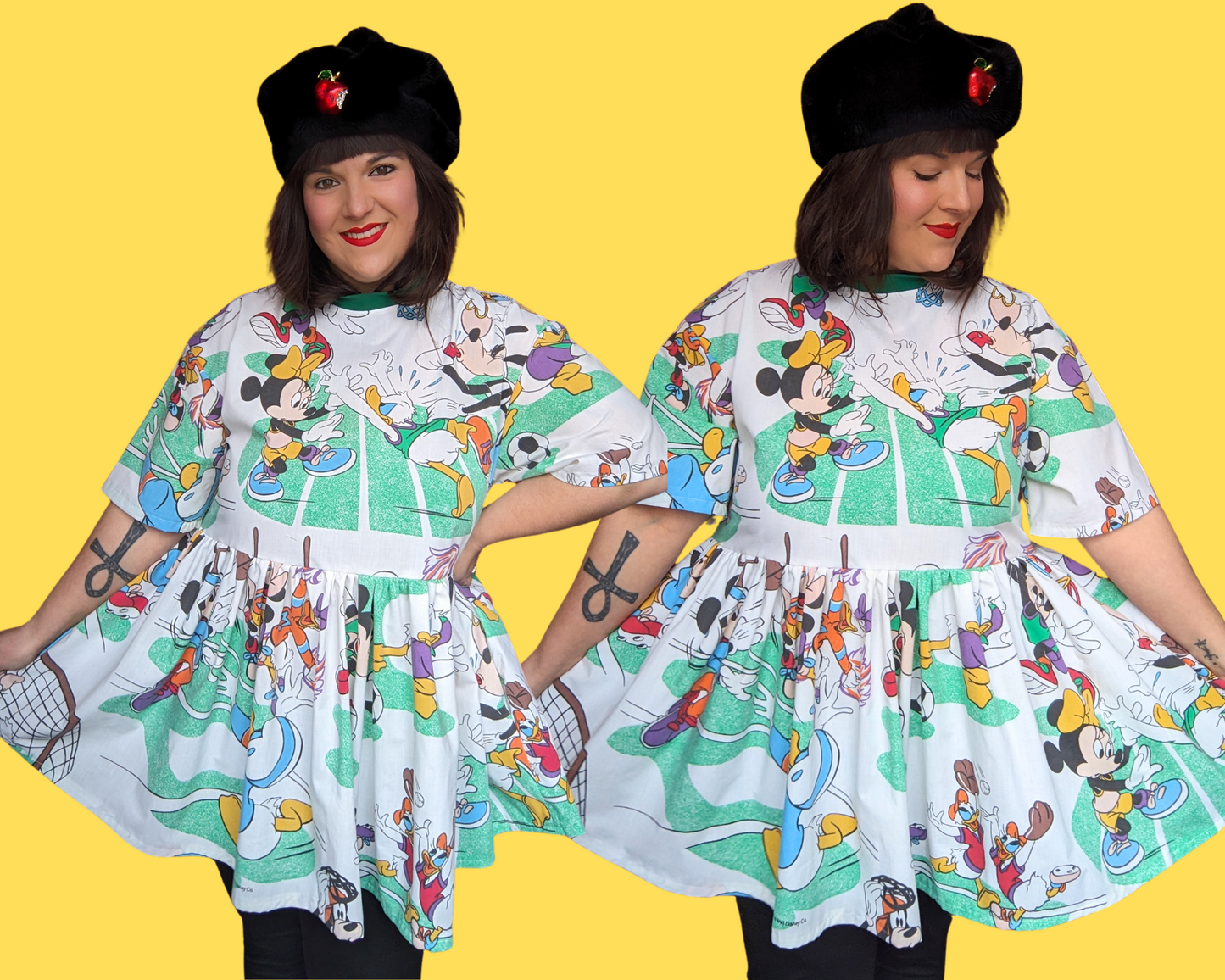 Robe t-shirt drapée et recyclée à l'effigie de Mickey Mouse et ses amis de Walt Disney jouant au sport, taille S à XL