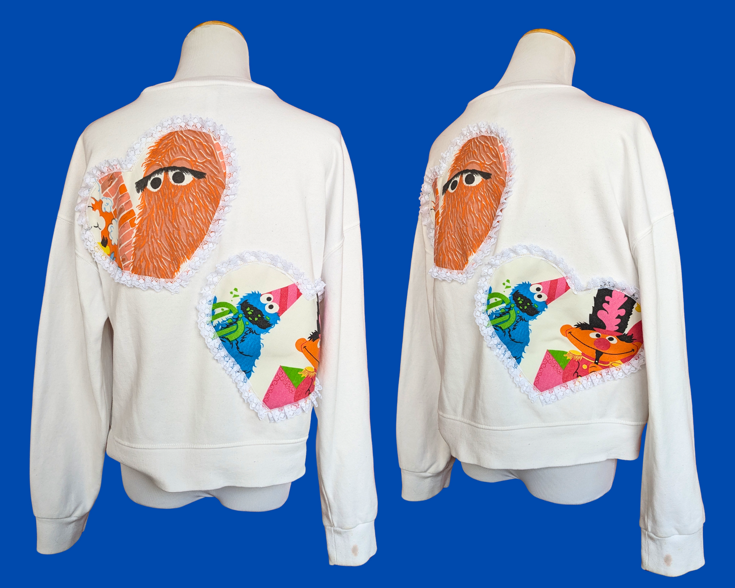 Col rond blanc fait main et recyclé, rapiécé avec des draps de Sesame Street, taille SM