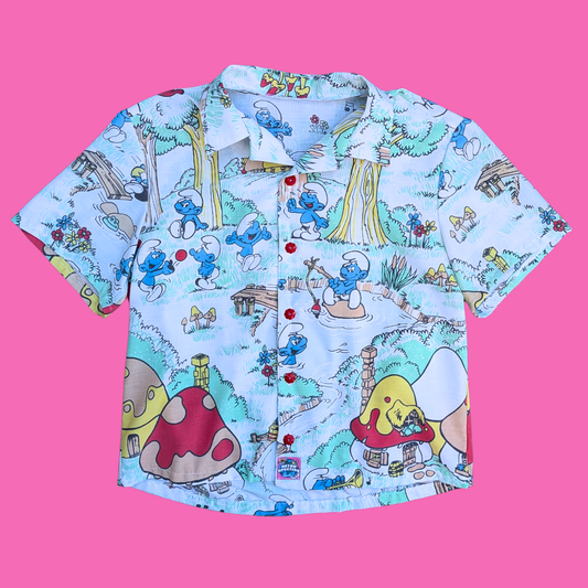 Handmade, Upcycled The Smurfs Bedsheet Button Down Shirt Size L