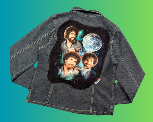 Handmade, Upcycled Bob Ross Denim Jacket Size XL