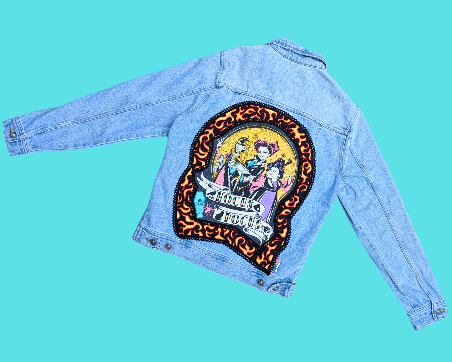 Handmade, Upcycled Hocus Pocus Denim Jacket Size M
