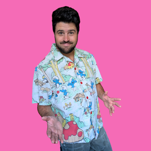 Handmade, Upcycled The Smurfs Bedsheet Button Down Shirt Size L