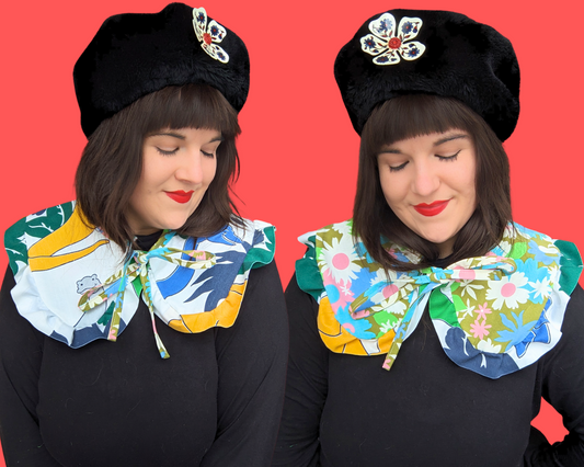 Collier de pèlerin réversible fait main, recyclé et avec volants, fabriqué avec des draps de dinosaures