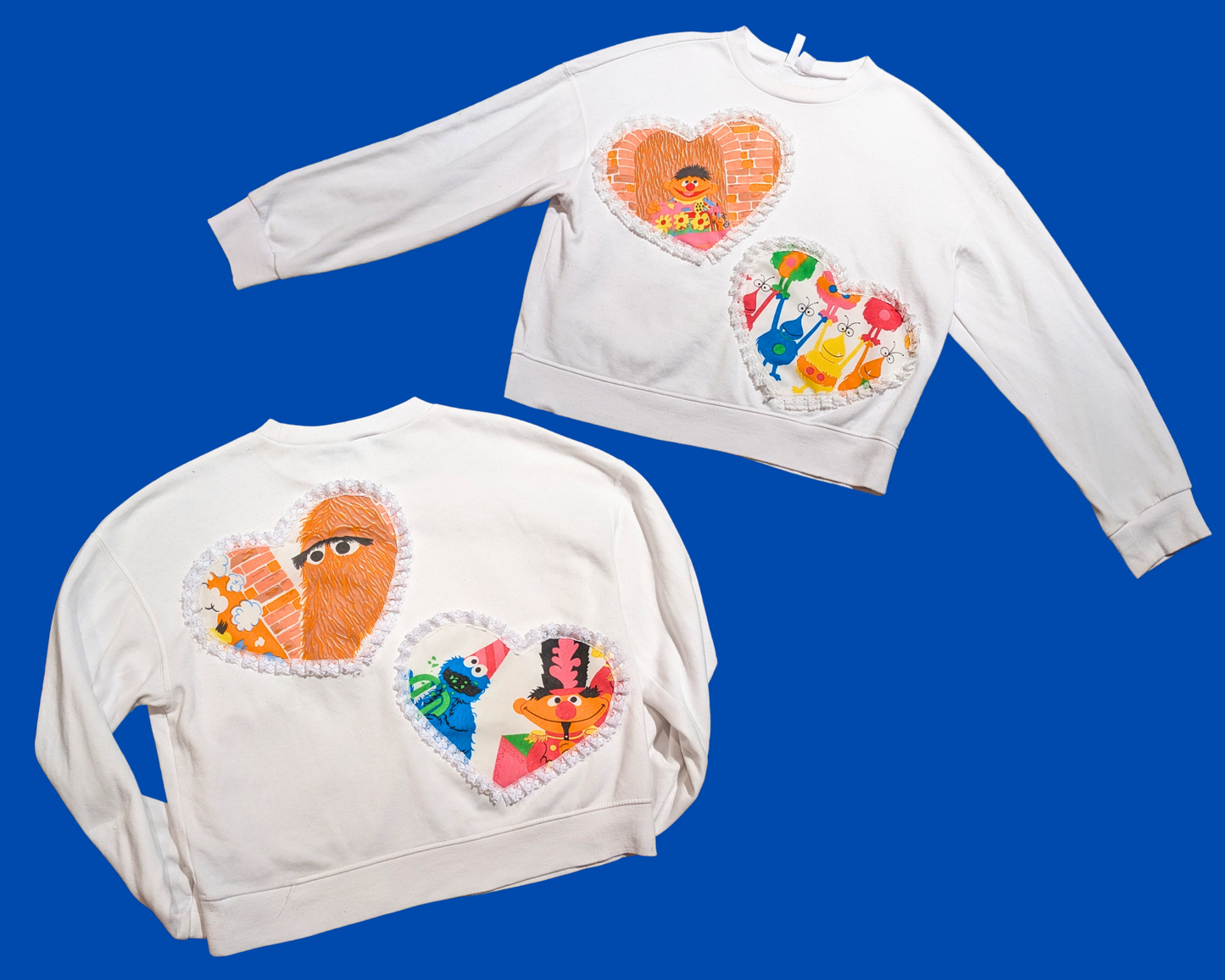 Col rond blanc fait main et recyclé, rapiécé avec des draps de Sesame Street, taille SM