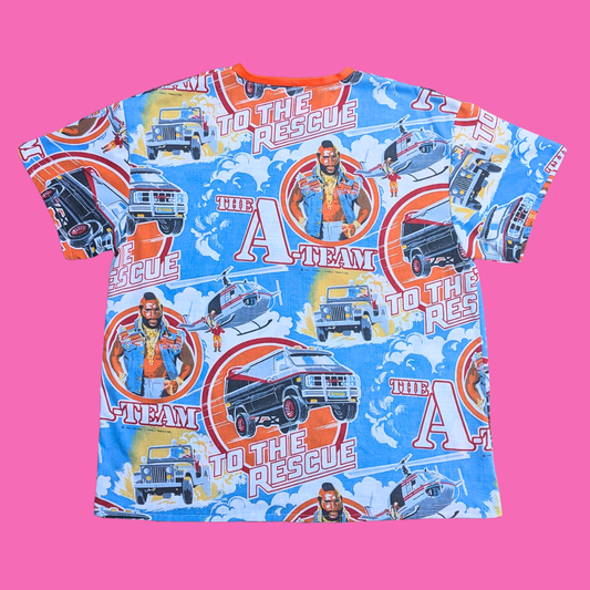 Handmade, Upcycled The A-Team Bedsheet T-Shirt Oversized XL, Fitted 2XL