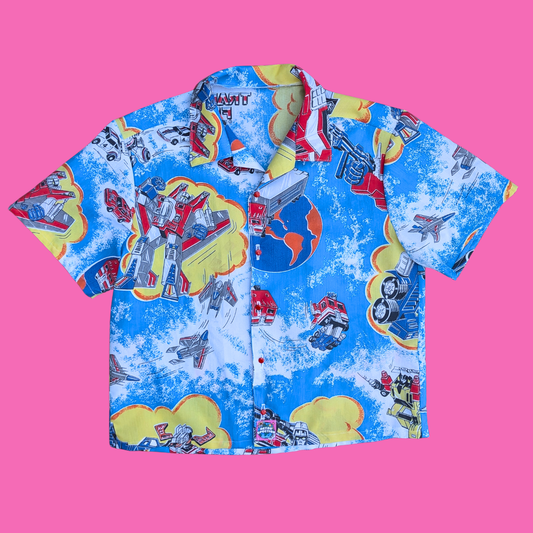 Handmade, Upcycled Transformers Bedsheet Button Down Shirt Size L