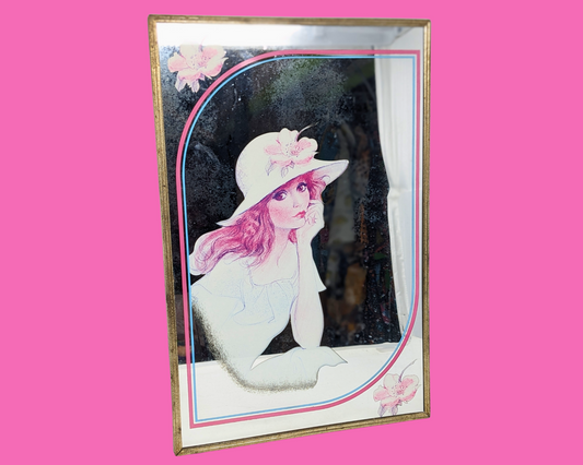 Miroir vintage des années 1970 avec illustration de fille
