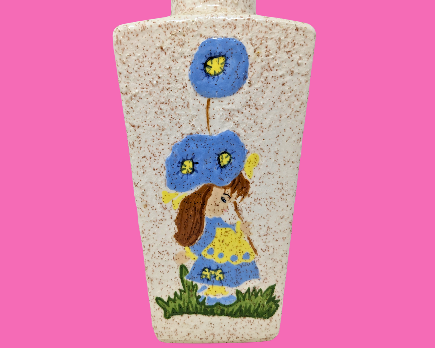 Kitsch vintage des années 1970, peinture de petite fille, vase