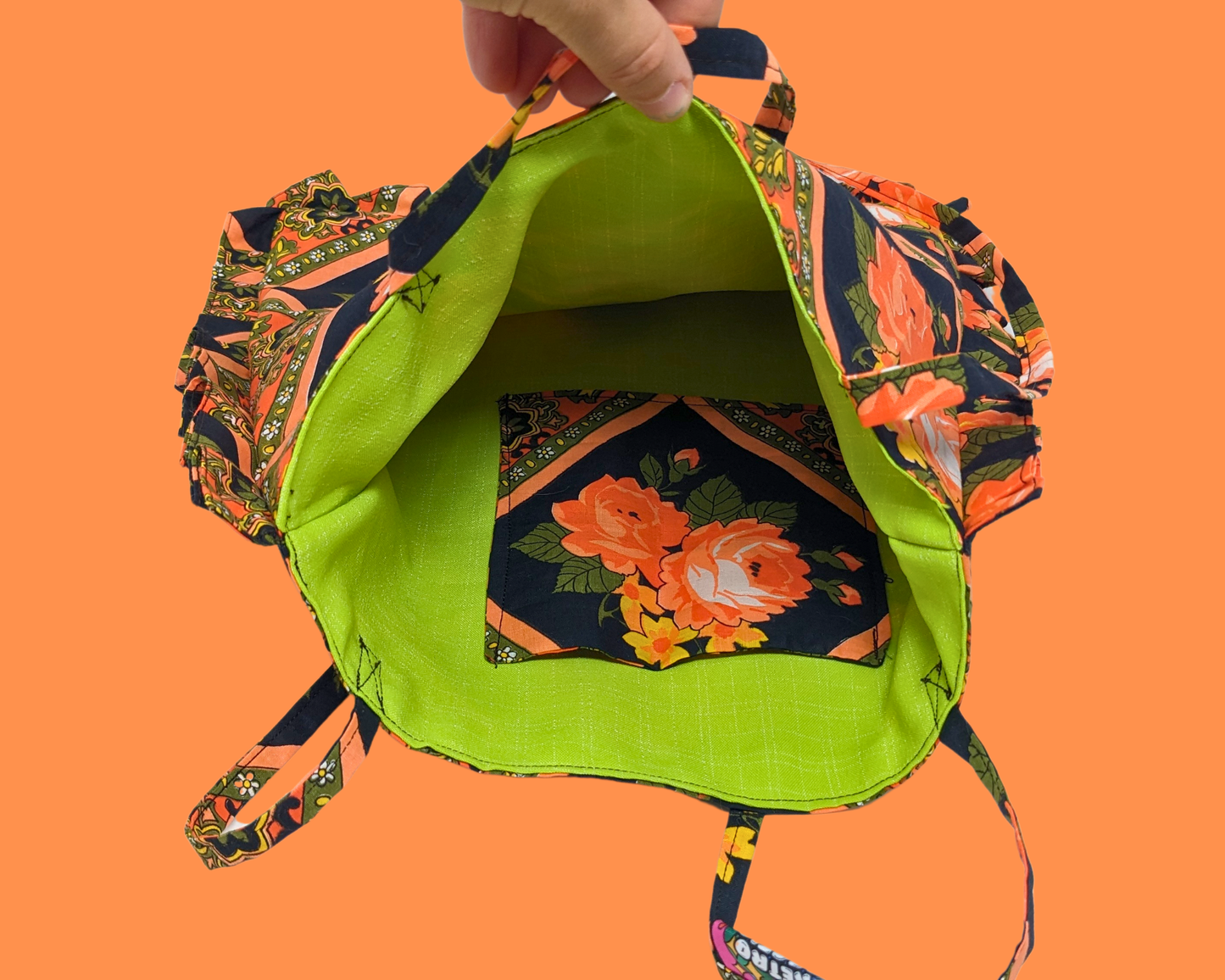 Sac fourre-tout en tissu fleuri rose fait main et recyclé