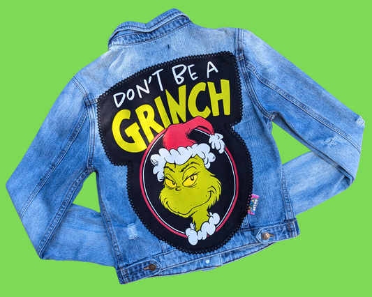Veste en jean faite à la main et recyclée Le Grinch qui a volé Noël Taille L