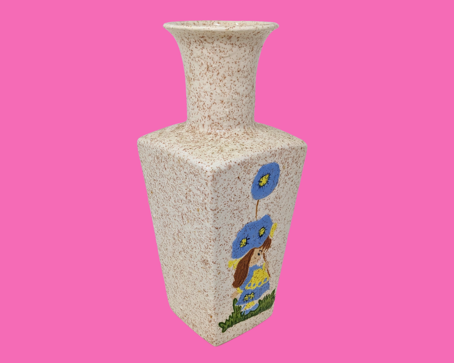 Kitsch vintage des années 1970, peinture de petite fille, vase