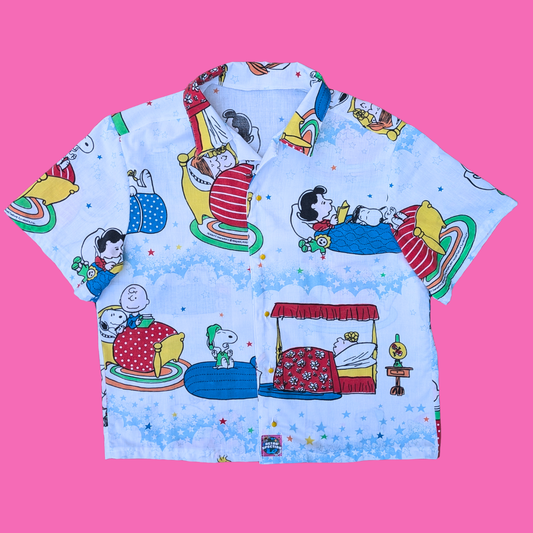 Handmade, Upcycled Charlie Brown Bedsheet Button Down Shirt Size L