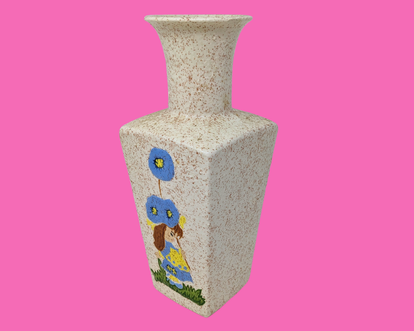Kitsch vintage des années 1970, peinture de petite fille, vase