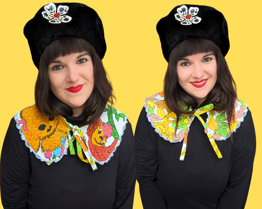 Collier de pèlerin réversible fait main, recyclé et avec volant en dentelle, fabriqué avec des draps Groovy Animals