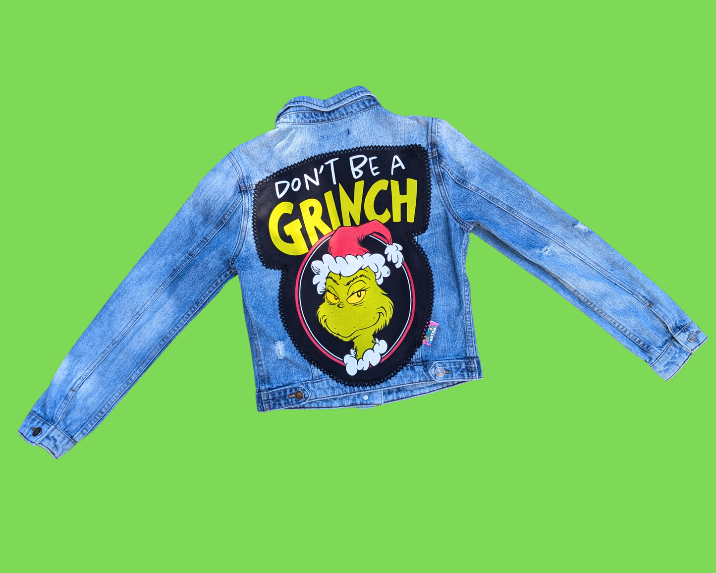 Handmade, Upcycled The Grinch Who Stole Christmas Denim Jacket Size L