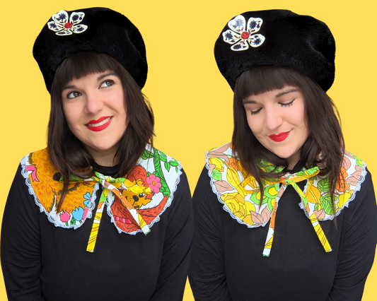 Collier de pèlerin réversible fait main, recyclé et avec volant en dentelle, fabriqué avec des draps Groovy Animals