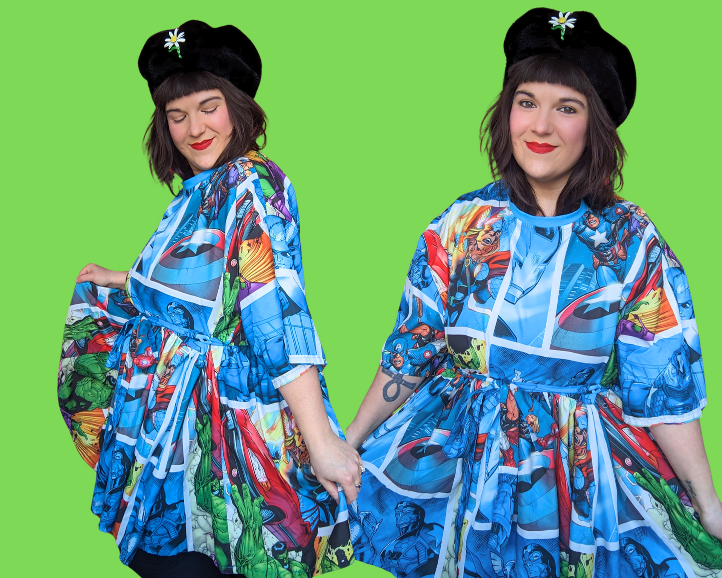 Robe t-shirt drapée Marvel Avengers faite à la main et recyclée, taille 2XL