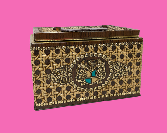 Belle boîte en fer blanc dorée, marron et bleue des années 1980