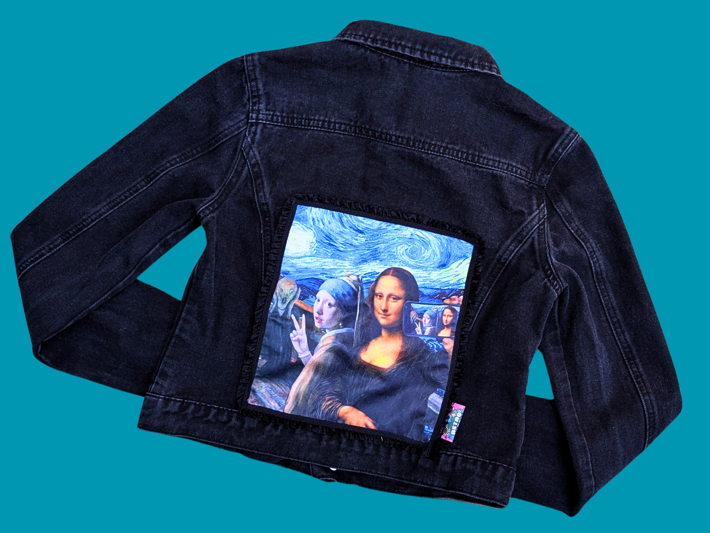 Handmade, Upcycled The Girl with the Pearl Earring and the Mona Lisa Patch Black Jacket Size XS