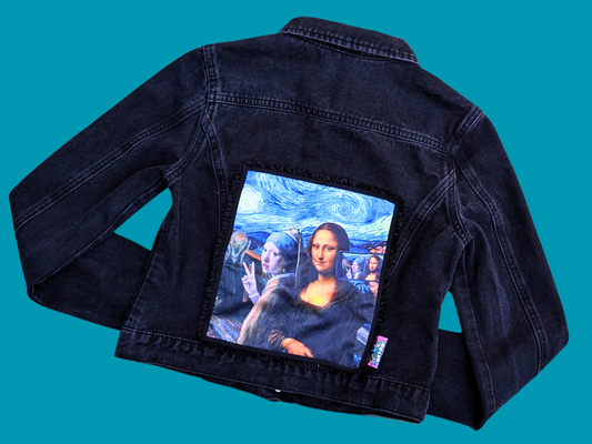 Veste noire La Jeune Fille à la perle et le patch Mona Lisa, fabriquée à la main et recyclée, taille XS