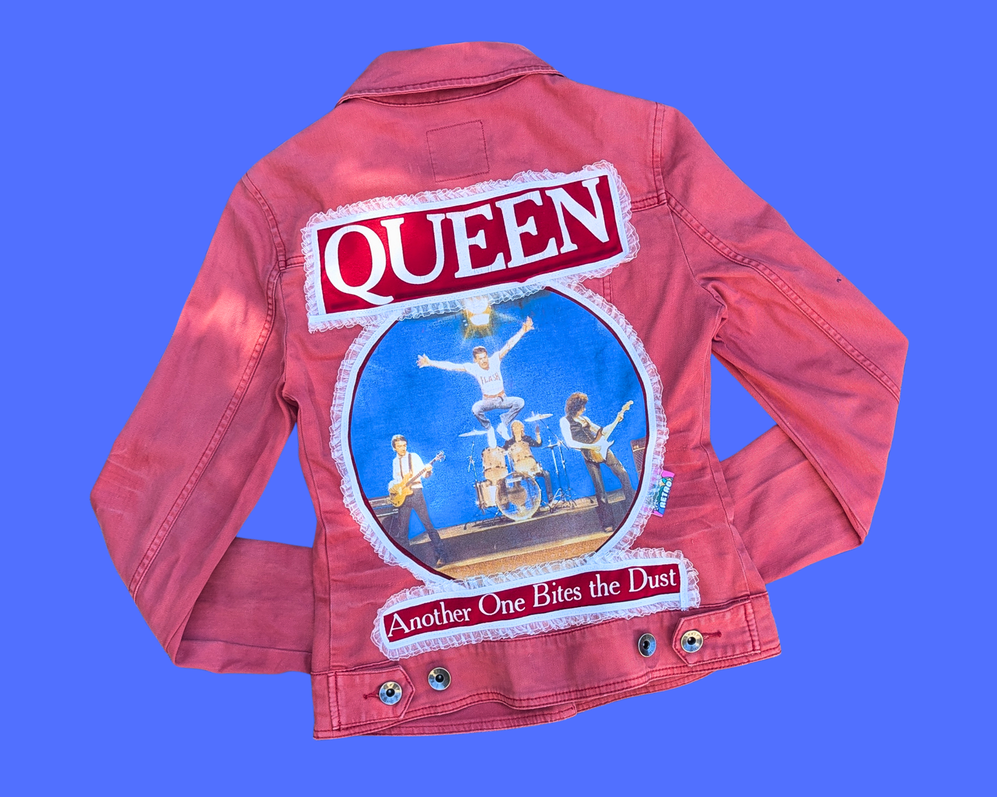 Handmade, Upcycled Queen Another One Bites The Dust Red Denim Jacket Size S (EU 36)