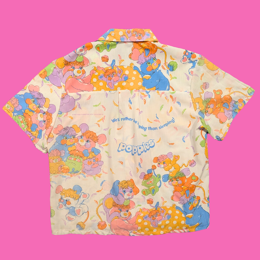 Handmade, Upcycled Vintage Popples Bed Sheet Short Sleeve Button Down T-Shirt L