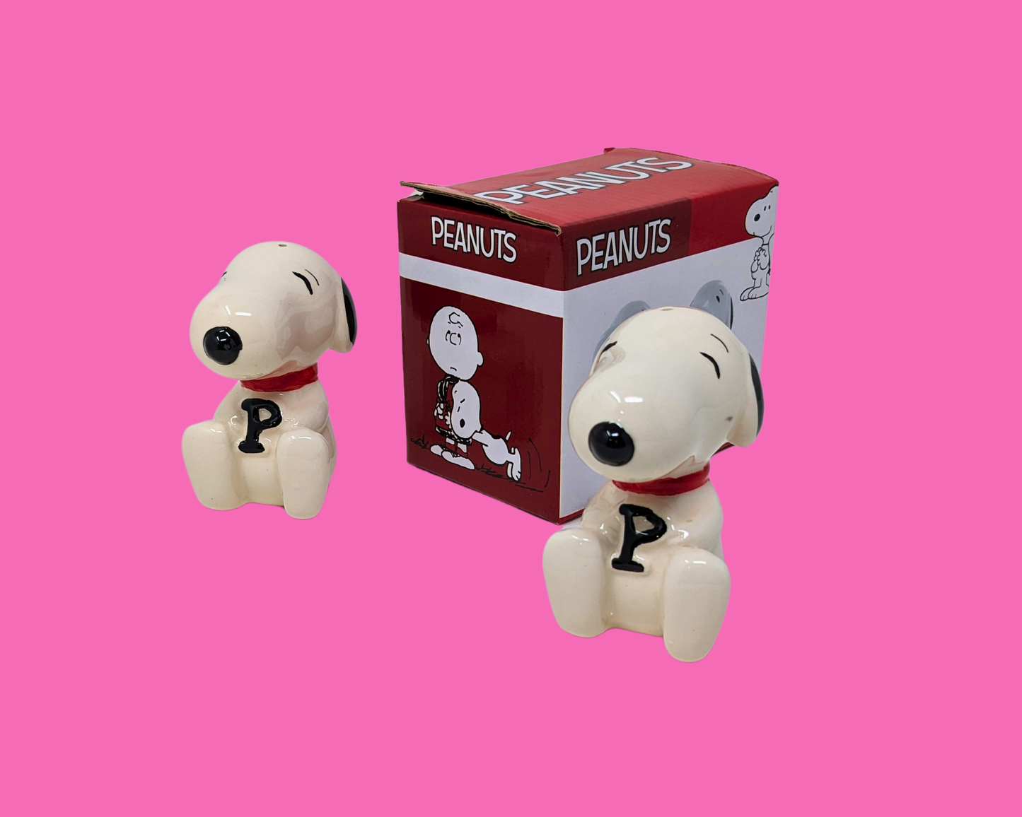 Vintage années 1990 Peanut, Charlie Brown, Snoopy Deux poivrières, sans sel, livré avec boîte d'origine