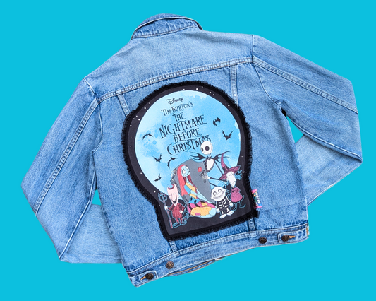 Veste en jean L'Étrange Noël de Monsieur Jack, faite à la main et recyclée, taille S