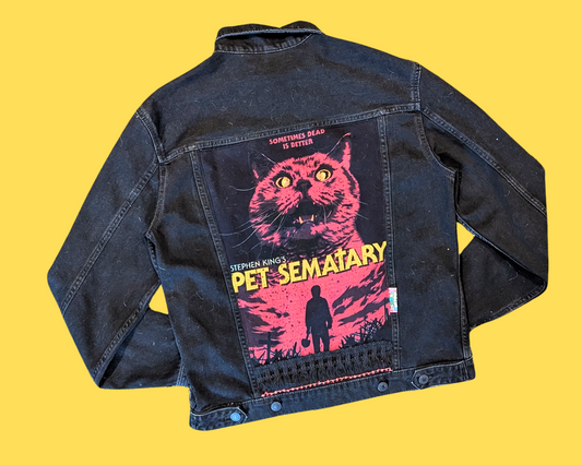 Veste en jean noire Simetierre de Stephen King, fabriquée à la main et recyclée, taille S