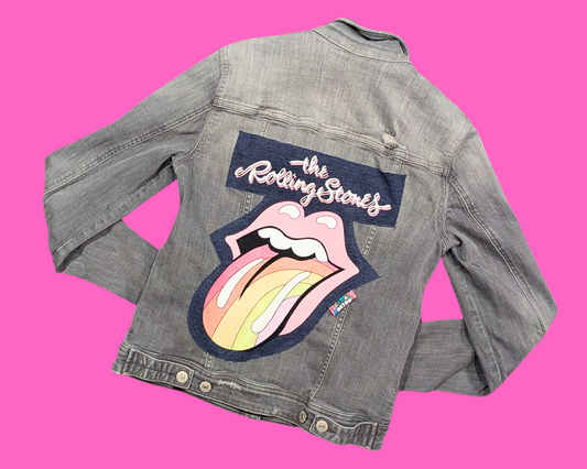 T-shirt The Rolling Stones fait main et recyclé, veste en jean gris, taille S