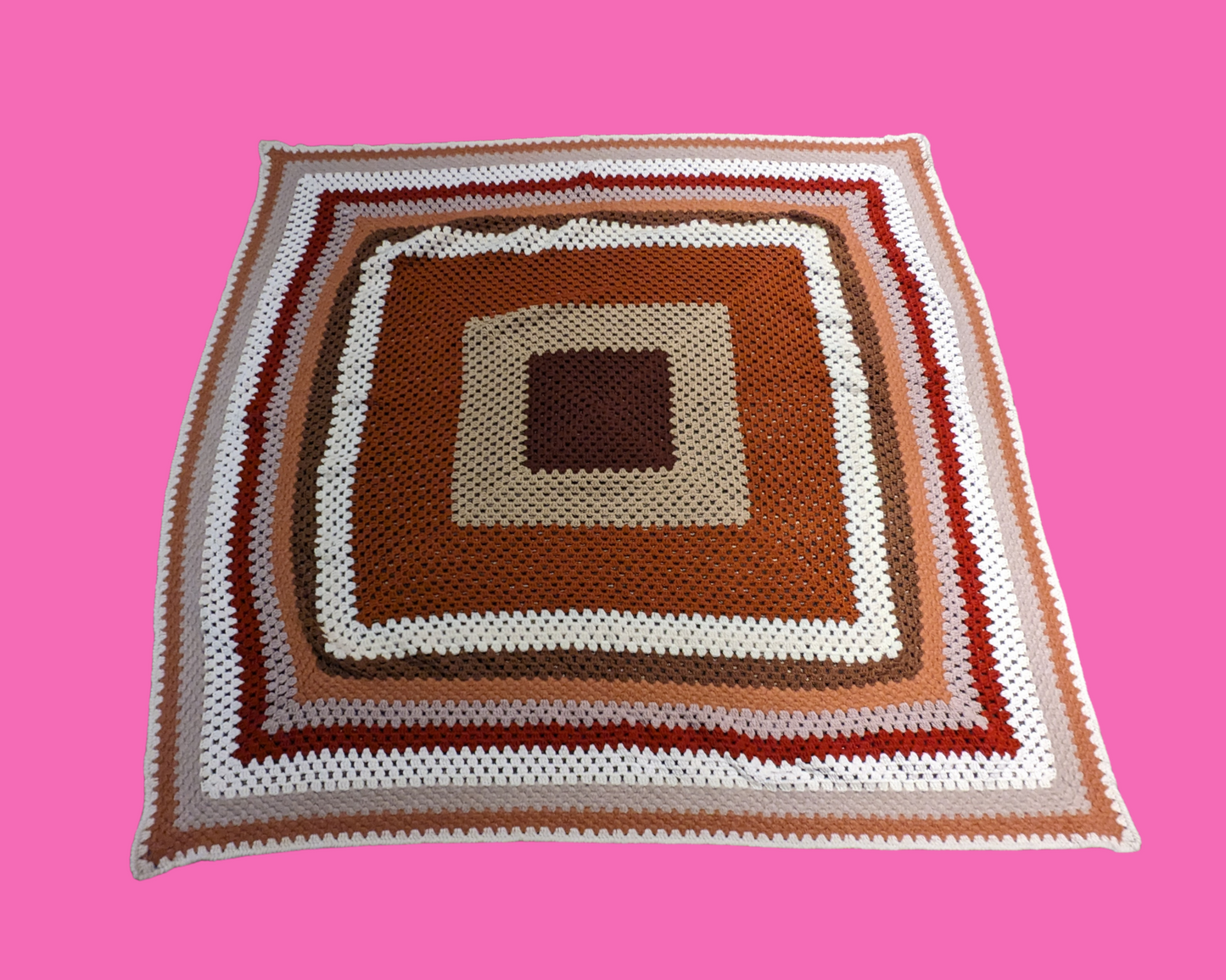 Couverture vintage en laine crochetée beige et marron des années 1970