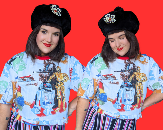 Haut court surdimensionné en drap de lit vintage Star Wars L'Empire contre-attaque et le retour du Jedi, fait à la main et recyclé, taille XS - Convient comme une taille M