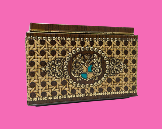 Belle boîte en fer blanc dorée, marron et bleue des années 1980