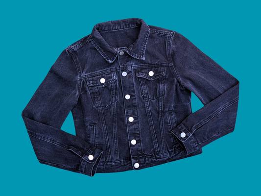 Veste noire La Jeune Fille à la perle et le patch Mona Lisa, fabriquée à la main et recyclée, taille XS