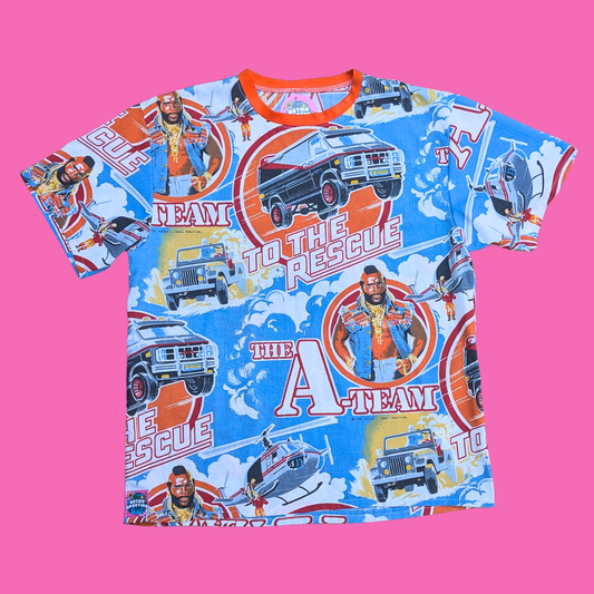 Handmade, Upcycled The A-Team Bedsheet T-Shirt Oversized S-M, Fitted L-XL