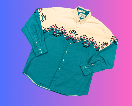 Vintage 1990's Aztec Cow-Boy Roper Border Shirt Size XL