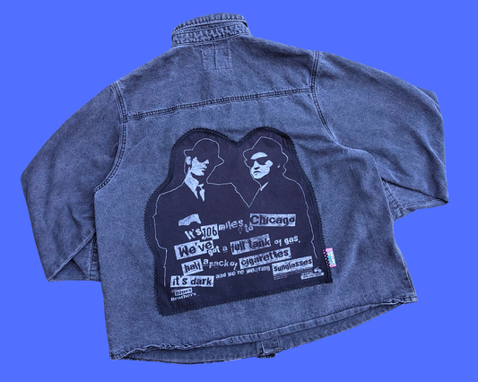 Veste en jean noire The Blues Brothers, fabriquée à la main et recyclée, taille S
